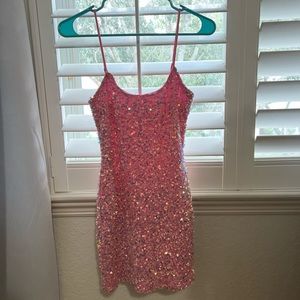 Lucy In The Sky Iridescent Sequin Bodycon Dress in Pink.